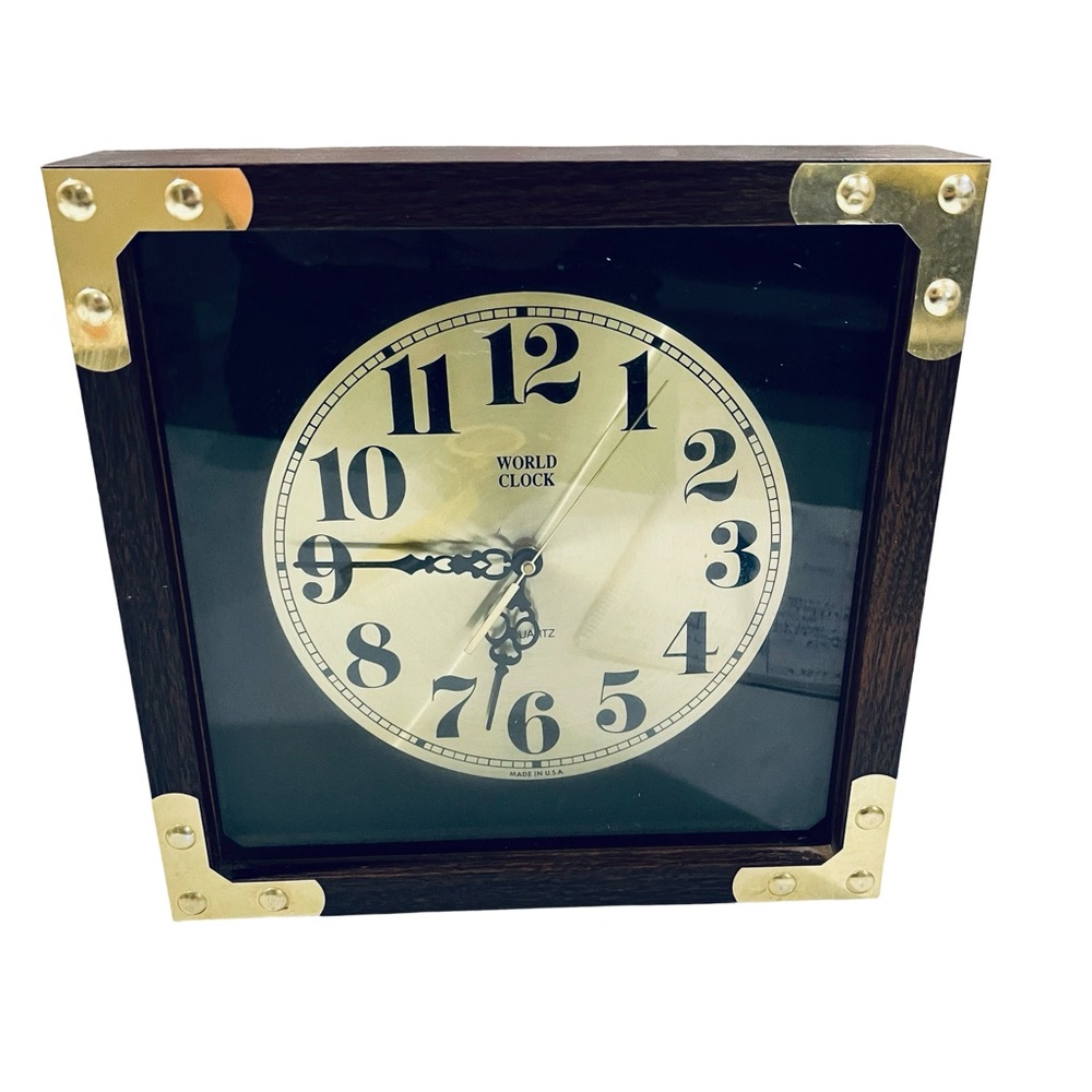 Vintage World Wall Clock Square 13 X 13 Inches Wood Frame USA Mcm Mid Century